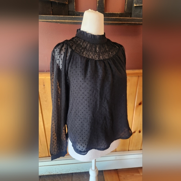 Ann Taylor Loft Clip Dot Shirred Ruffle Neck Blouse Black XS - Picture 6 of 10